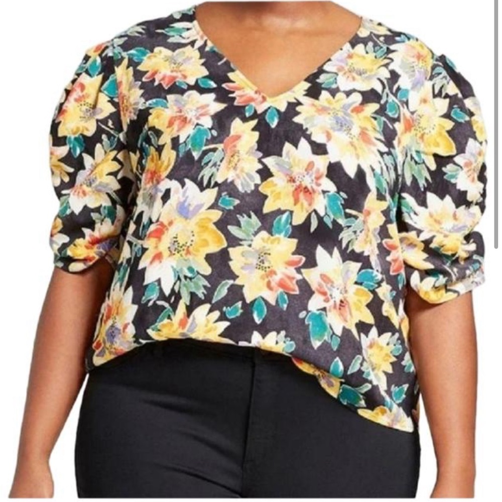 Ava & Viv Target Black Floral V Neck Top Sz X 14W